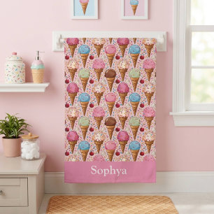 Personalized Pink Ice Cream Kids Beach Towel