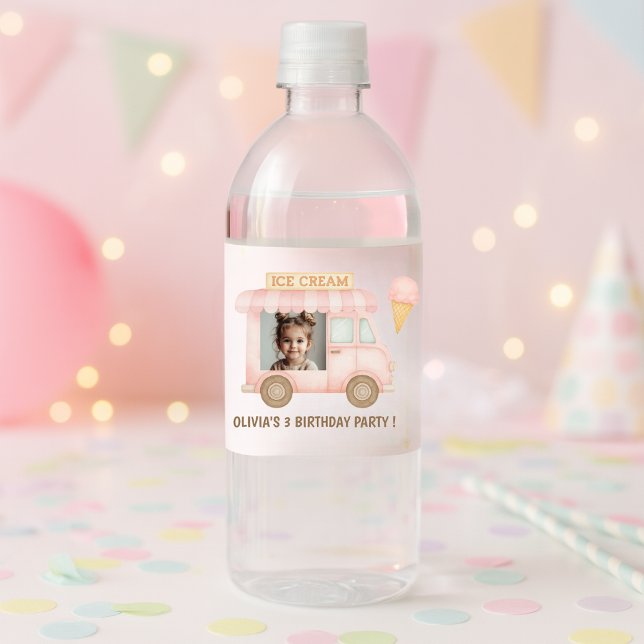 Personalized Pink Ice Cream Truck Birthday  Water Bottle Label (Creator Uploaded)