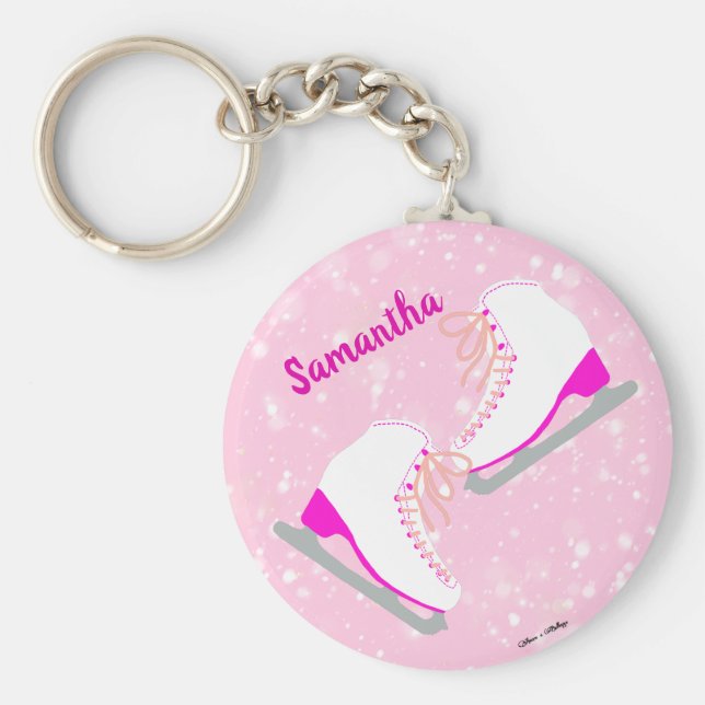 Personalized Pink Ice Skates Cute Kawaii Figure Keychain (Front)