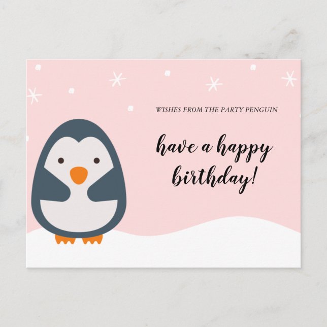 Personalized - Pink Illustrated Penguin Birthday Postcard (Front)