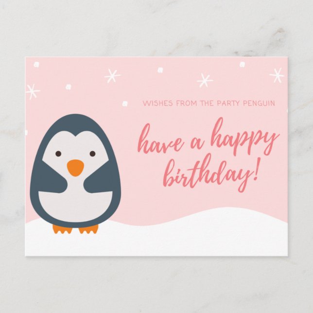 Personalized - Pink Illustrated Penguin Birthday Postcard (Front)