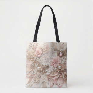 Personalized Pink Ivory Beige Florals Wedding Tote Bag