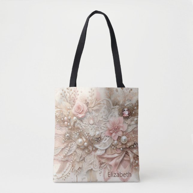 Personalized Pink Ivory Beige Florals Wedding Tote Bag (Front)