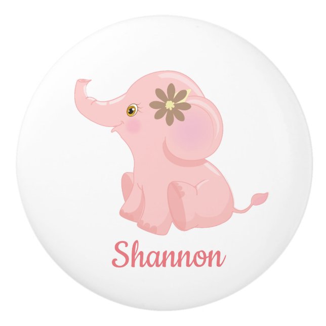 Personalized Pink Jungle Animal Elephant Nursery Ceramic Knob (Front)