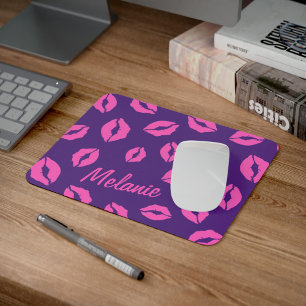 Personalized Pink Kiss Lips on Purple Mousepad