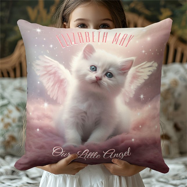 Personalized Pink Kitten with Angel Wings Throw Pillow (Creator Uploaded)