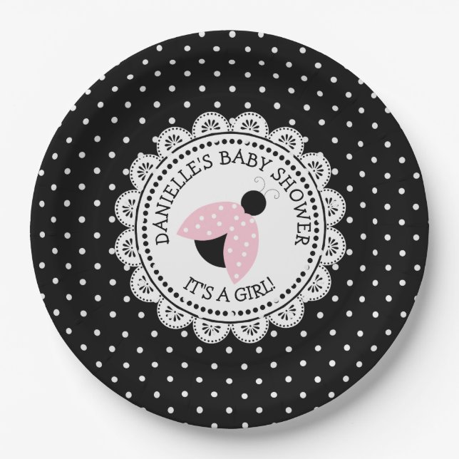 Personalized Pink Ladybug Baby Shower Paper Plates (Front)
