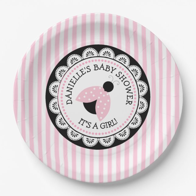 Personalized Pink Ladybug Baby Shower Paper Plates (Front)