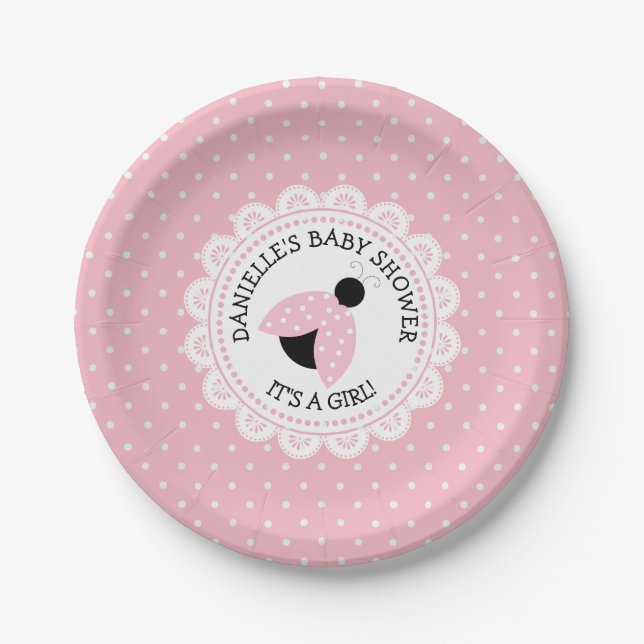 Personalized Pink Ladybug Baby Shower Paper Plates (Front)
