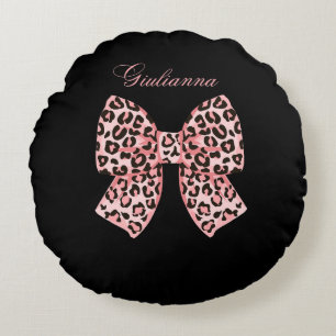 Personalized Pink Leopard Bow Round Pillow 