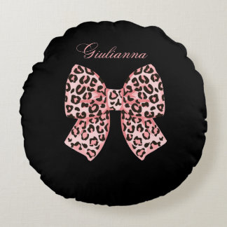 Personalized Pink Leopard Bow Round Pillow