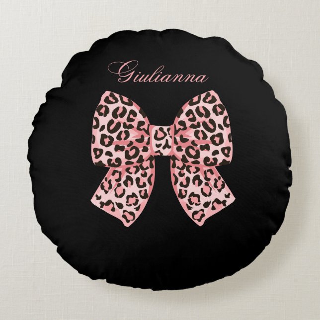 Personalized Pink Leopard Bow Round Pillow  (Front)