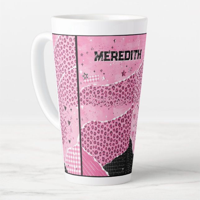 Personalized Pink Leopard Collage Latte Mug (Left Angle)