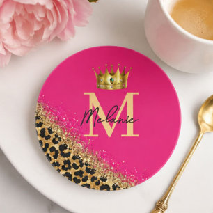 Personalized Pink Leopard Gold Glitter Monogram  Coaster