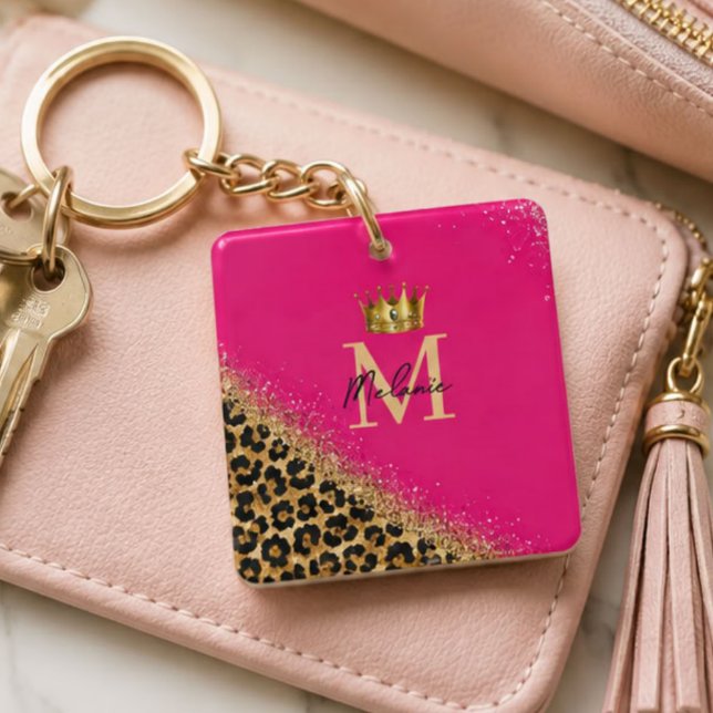 Personalized Pink Leopard Gold Glitter Monogram  Keychain (Creator Uploaded)