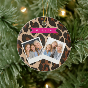 Personalized Pink Leopard Print Chic Animal Print Ceramic Ornament