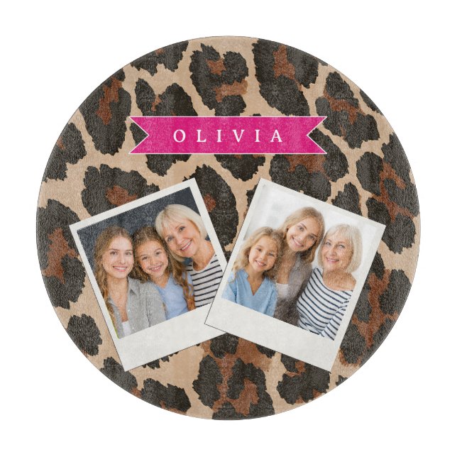 Personalized Pink Leopard Print Chic Animal Print Cutting Board (Front)