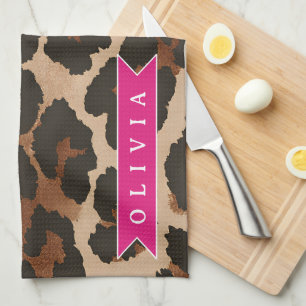 Personalized Pink Leopard Print Chic Animal Print Kitchen Towel