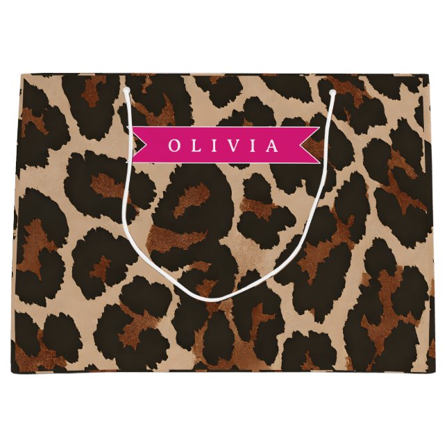 Personalized Pink Leopard Print Chic Animal Print Large Gift Bag (Front)