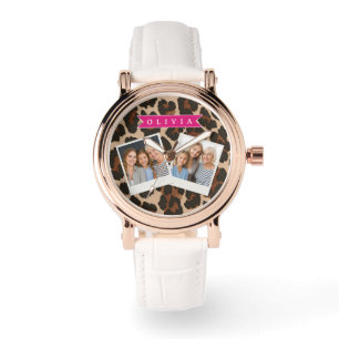 Personalized Pink Leopard Print Chic Animal Print Watch