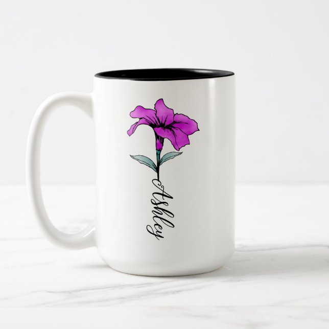 Personalized Pink Lily Flower Two-Tone Coffee Mug (Left)