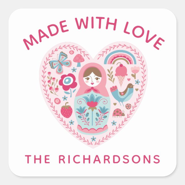 Personalized Pink Made With Love Square Sticker (Front)