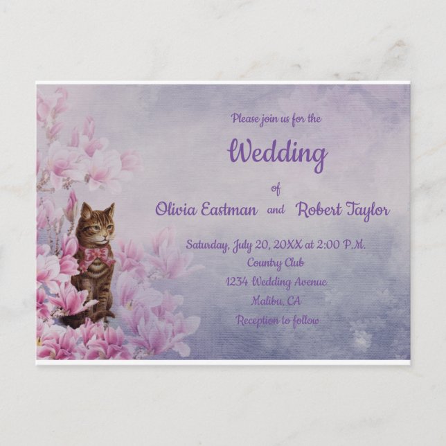 Personalized pink magnolia and cat wedding postcard (Front)