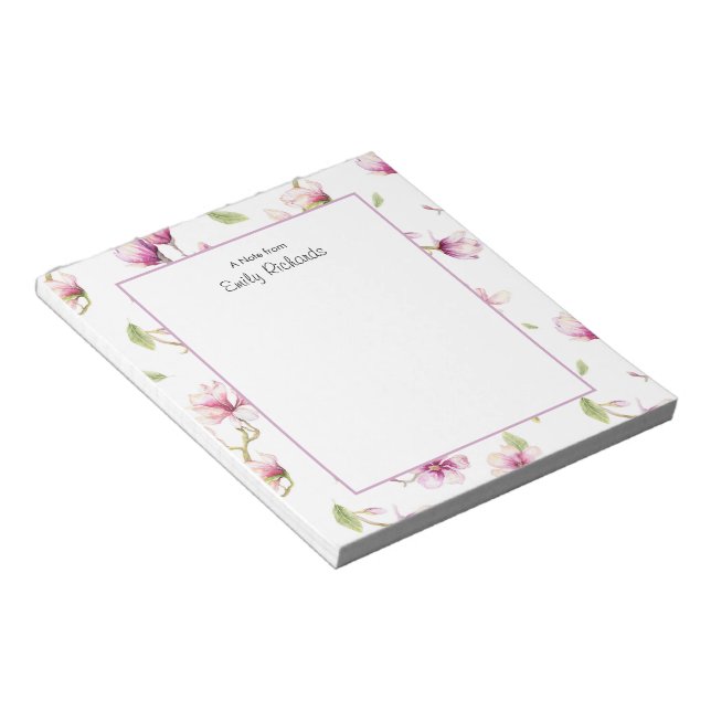 Personalized pink magnolia floral Notepad (Angled)