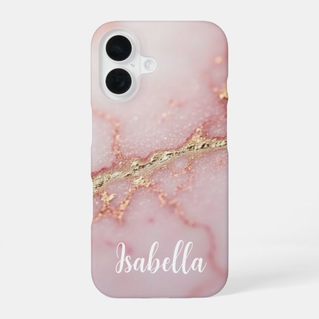 Personalized Pink Marble Stylish Gold iPhone 16 Case (Back)