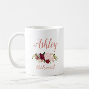 Personalized Pink Marsala Floral Bridesmaid Coffee Mug