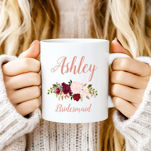 Personalized Pink Marsala Floral Bridesmaid Coffee Mug