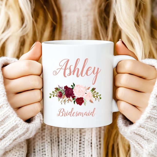 Personalized Pink Marsala Floral Bridesmaid Coffee Mug (Creator Uploaded)