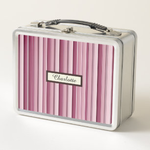Personalized Pink Mauve Stripes Metal Lunch Box