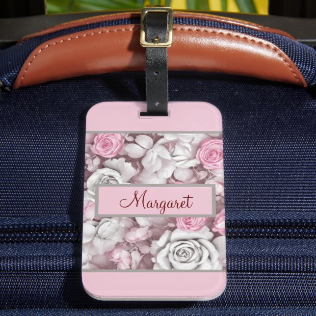 Personalized Pink & Mauve Vintage Rose Pattern  Luggage Tag (Front Insitu 2)