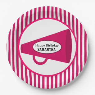 Personalized Pink Megaphone And Pink Stripes Paper Plate
