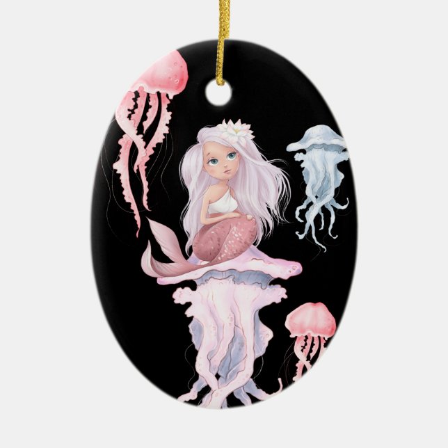 Personalized Pink Mermaid and Jellyfish Christmas Ceramic Ornament (Front)
