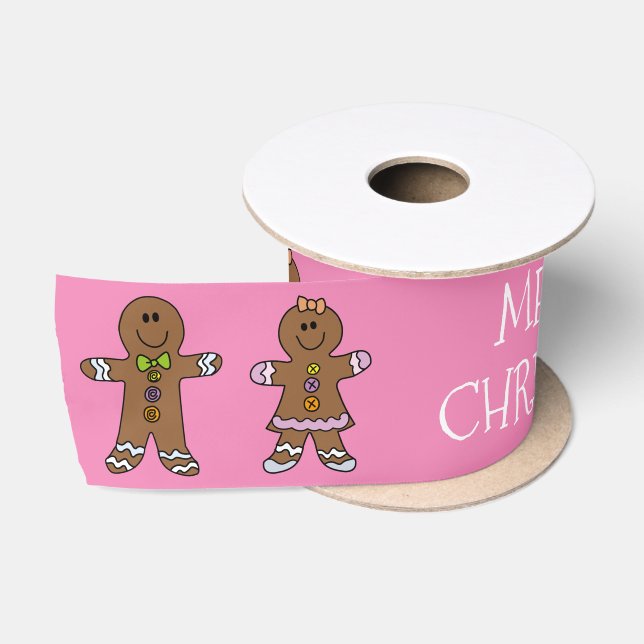 Personalized Pink Merry Christmas Gingerbread Man  Satin Ribbon (Spool)
