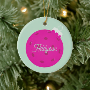 Personalized Pink Mint Green Pickleball Christmas Ceramic Ornament