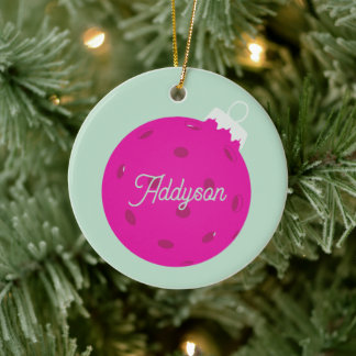 Personalized Pink Mint Green Pickleball Christmas Ceramic Ornament