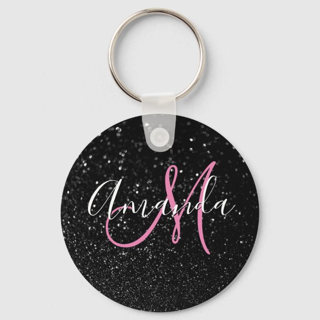 Personalized Pink Monogram Faux Black Glitter Keychain (Front)