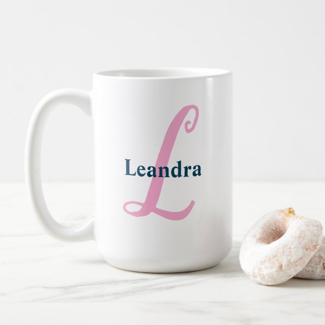 Personalized Pink Monogram Letter L Custom Name Coffee Mug (With Donut)