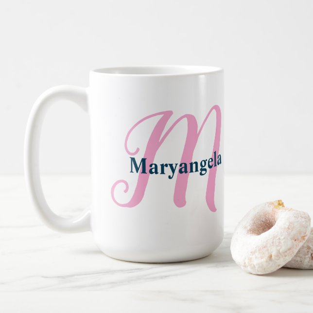 Personalized Pink Monogram Letter M Custom Name Coffee Mug (With Donut)