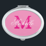Personalized pink monogram oval compact mirror<br><div class="desc">Personalized name monogram makeup compact mirror. Custom oval compact mirror with elegant script typography and vintage monogram name initial letter. Cute girly gift idea for women and teen girls. Also makes an elegant wedding favour for beautiful bride, bridesmaids, maid of honour, guests etc. Customizable background colour. ie neon pink. Stylish...</div>