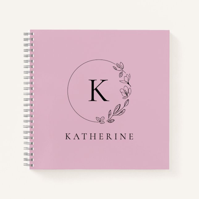 Personalized pink monogram soft Floral wreath Notebook (Front)