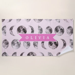 Personalized Pink Moon Phase Celestial Name Gift Beach Towel