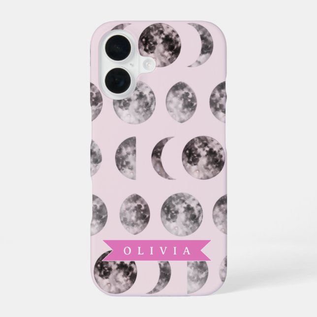 Personalized Pink Moon Phase Celestial Name Gift iPhone 16 Case (Back)