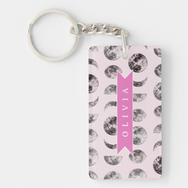Personalized Pink Moon Phase Celestial Name Gift Keychain (Front)