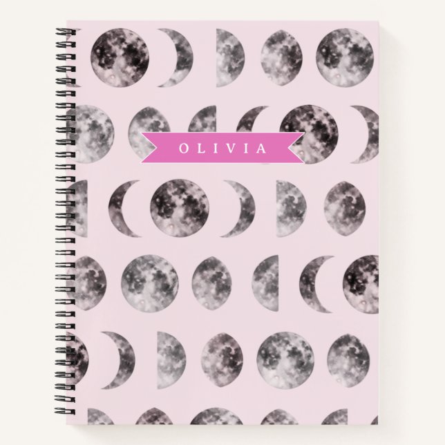 Personalized Pink Moon Phase Celestial Name Gift Notebook (Front)