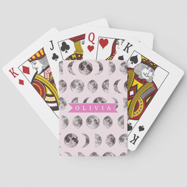 Personalized Pink Moon Phase Celestial Name Gift Playing Cards (Back)