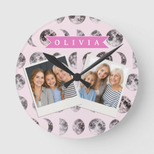Personalized Pink Moon Phase Celestial Name Gift Round Clock